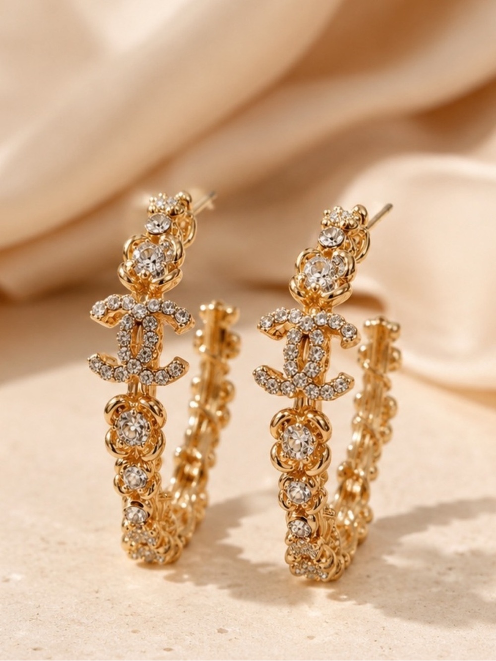 Gold-tone Floral Hoop Earrings with Crystal Accents